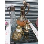 A VICTORIAN POTTERY AND SILVER PLATE MOUNTED EWER, SILVER PLATE AND GLASS CLARET JUG, AN INKWELL AND