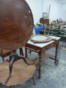 A VICTORIAN MAHOGANY WASH STAND, A MAHOGANY TRIPOD TABLE, LOW COFFEE TABLE AND A VICTORIAN BRASS TOP