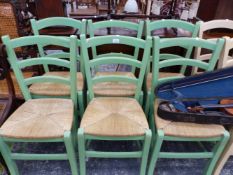 A SET OF SIX RUSH SEAT KITCHEN CHAIRS