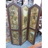 AN EDWARDIAN THREE FOLD FLOOR STANDING SCRAP SCREEN, DECORATED ON BOTH SIDES. H. 152cms.