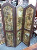 AN EDWARDIAN THREE FOLD FLOOR STANDING SCRAP SCREEN, DECORATED ON BOTH SIDES. H. 152cms.