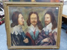 A DECORATIVE PORTRAIT OF THREE NOBLE GENTLEMEN, OIL ON HARDBOARD. 82 x 97cms.