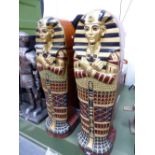 A PAIR OF MUMMY SARCOPHAGUS FORM CABINETS, 125cm HIGH.