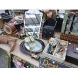 A DECORATIVE VINTAGE MOTHER OF PEARL DRESSING TABLE MIRROR, A VINTAGE WOODEN BOOT STRETCHER, AN