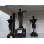 A PAIR OF BLACKAMOOR TYPE FIGURES, AND A MARBLE BASED STATUE AFTER THE ANTIQUE.