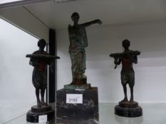 A PAIR OF BLACKAMOOR TYPE FIGURES, AND A MARBLE BASED STATUE AFTER THE ANTIQUE.