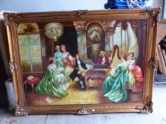 A LARGE AND IMPRESSIVE PICTURE OF 18th.C. COURTIERS, SWEPT GILT FRAME. 120 x 180cms.