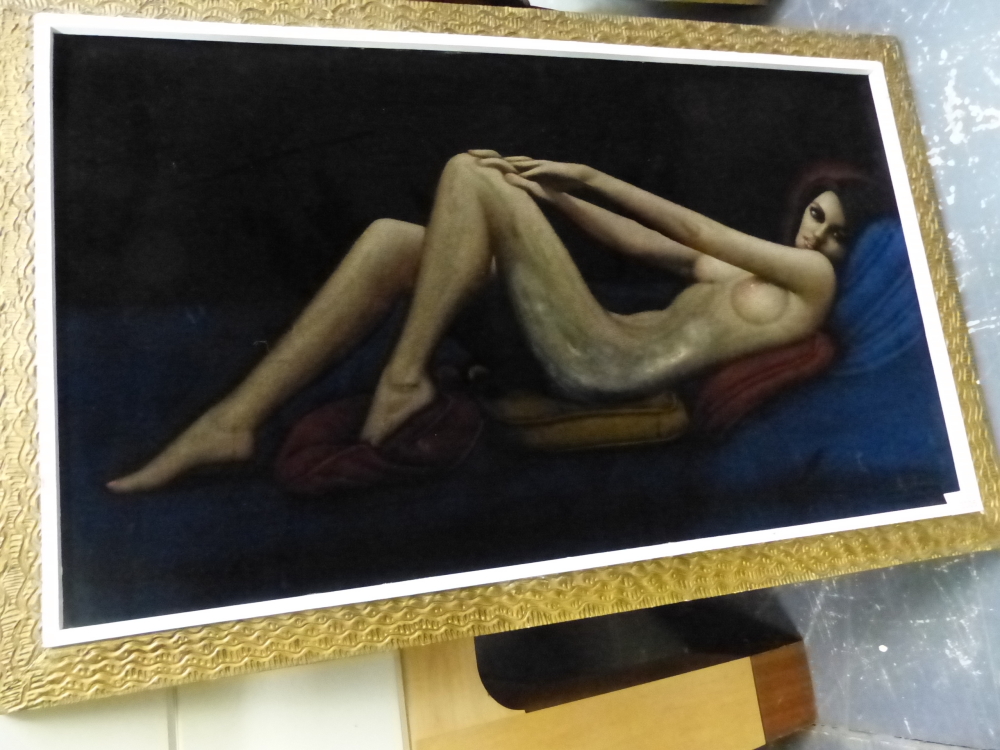 A VINTAGE PAINTING ON VELVET OF A RECLINING NUDE, SIGNED INDISTINCTLY. 47 x 80cms.