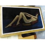 A VINTAGE PAINTING ON VELVET OF A RECLINING NUDE, SIGNED INDISTINCTLY. 47 x 80cms.