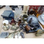 TWO PAIRS OF OPERA GLASSES, AN ORIENTAL STYLE DESK STAND, MARBLE BOOK ENDS, CUTLERY ETC.