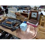 A SMALL ANTIQUE AMERICAN MANTLE CLOCK, A MAHOGANY TEA TRAY, AN INLAID TRAY, "TITANIC" MIRROR,