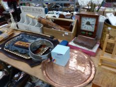 A SMALL ANTIQUE AMERICAN MANTLE CLOCK, A MAHOGANY TEA TRAY, AN INLAID TRAY, "TITANIC" MIRROR,