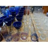 TEN VARIOUS BLUE GLAZED POTTERY GOBLETS, A QUANTITY OF DRINKING GLASS WARES, ETC.
