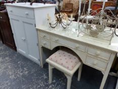 A PAINTED DRESSING TABLE AND STOOL AND A PAINTED SMALL TALLBOY CABINET (3).