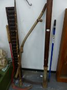 TWO SYTHE, A RAILWAY TRACK LEVER, A CARVED WOOD PANEL AND SHEPHERDS CROOK.