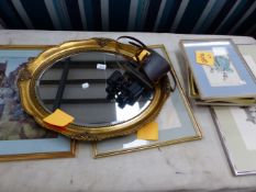 A GILT FRAME MIRROR, EIGHT DECORATIVE PRINTS AND A PAIR OF HARRISON BINOCULARS.