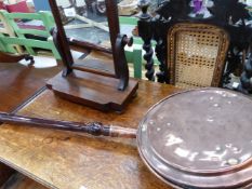 A DROP LEAF COFFEE TABLE, A SWING MIRROR AND A WARMING PAN.