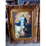 A DECORATIVE PICTURE OF MARY AND ANGELS, SWEPT GILT FRAME, 61 x 92cms.