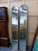 A PAIR OF TALL HALL MIRRORS WITH GILT ROPE FRAMES, 36cm x 215cm.