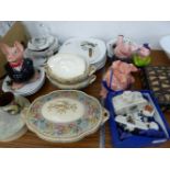 A PORCUPINE QUILL BOX, NATWEST PIGS, CARLTON CHINA TANK AND OTHERS, DINNERWARES ETC.