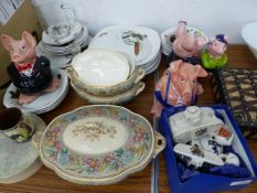 A PORCUPINE QUILL BOX, NATWEST PIGS, CARLTON CHINA TANK AND OTHERS, DINNERWARES ETC.