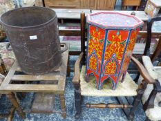 A MOORISH STYLE OCCASIONAL TABLE, A BUSHELL MEASURE, A LADDER BACK ROCKING CHAIR AND A LUGGAGE