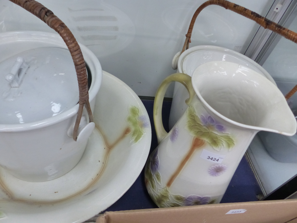 A WASH JUG AND BOWL, AND TWO SLOP PAILS.