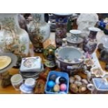 A COLLECTION OF ORIENTAL STYLE VASES, FOUR SADLER NOVELTY TEA POTS, STONE EGGS, SCENIC PLATES, AND A