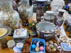 A COLLECTION OF ORIENTAL STYLE VASES, FOUR SADLER NOVELTY TEA POTS, STONE EGGS, SCENIC PLATES, AND A