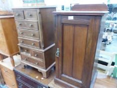 A MINIATURE CHEST OF DRAWERS AND AN EDWARDIAN BEDSIDE CABINET.