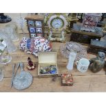 VARIOUS ORNAMENTAL BOXES, A MANTLE CLOCK, IMARI STYLE CAT, GLASS WARES ETC.