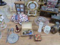 VARIOUS ORNAMENTAL BOXES, A MANTLE CLOCK, IMARI STYLE CAT, GLASS WARES ETC.