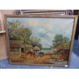 19th.C.ENGLISH NAIVE SCHOOL. THE FARMYARD, SIGNED INDISTINCTLY, OIL ON CANVAS. 72 91cms.