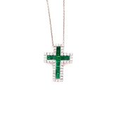 AN EMERALD AND DIAMOND CROSS PENDANT AND CHAIN. THE CHANNEL SET EMERALDS SURROUNDED BY A FRAME OF