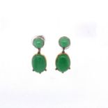 A PAIR OF VINTAGE 9ct YELLOW GOLD AND JADE EARRINGS. THE OVAL JADE IN A 9ct GOLD RUB OVER SET