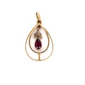 AN EDWARDIAN GEMSET AND PEARL OPEN WORK DOUBLE TEAR DROP PENDANT. THE ARTICULATING GEMSET CENTRE