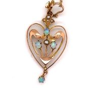 AN ART NOUVEAU HEART SHAPE SEED PEARL AND OPAL PENDANT WITH AN ATTACHED OPAL DROPPER, AND