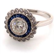 A PRECIOUS WHITE METAL, SAPPHIRE AND DIAMOND VICTORIAN STYLE COCKTAIL RING. THE CENTRE OLD CUT