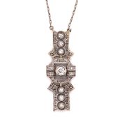 AN ANTIQUE PLATINUM AND WHITE GOLD DIAMOND SET PANEL PENDANT AND CHAIN. THE DIAMOND PANEL WITH