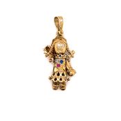 A GEMSET RAGDOLL ARTICULATING CHARM / PENDANT. DROP INCLUDING BALE 3.5cms. WEIGHT 3gms.