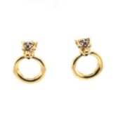 A PAIR OF PANTHER HEAD SAPPHIRE AND DIAMOND DROP EARRINGS. THE REVERSE OF THE EARRINGS 750 STAMPED