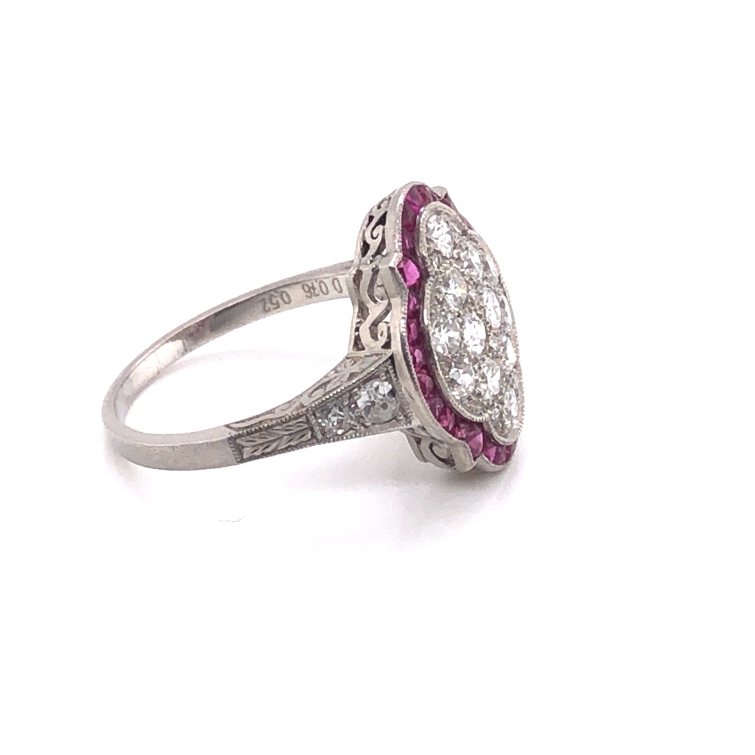 AN ANTIQUE STYLE RUBY, DIAMOND AND WHITE PRECIOUS METAL RING STAMPED PLAT ASSESSED AS 950 PLATINUM. - Image 2 of 4