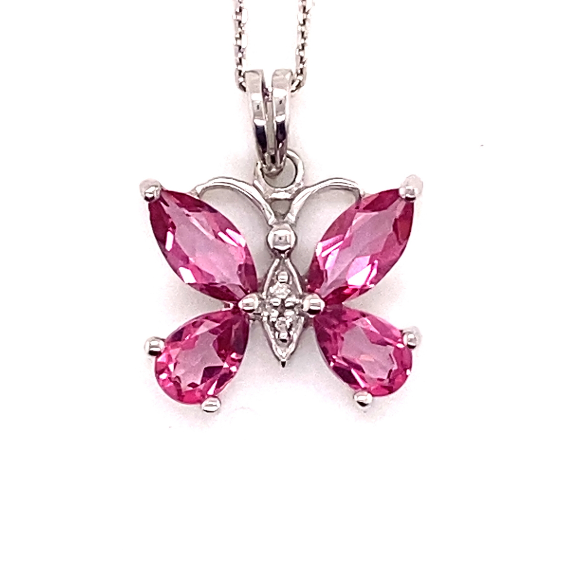 A PINK SAPPHIRE AND DIAMOND SET BUTTERFLY PENDANT AND SQUARE CUT BELCHER CHAIN. THE PENDANT - Image 2 of 2