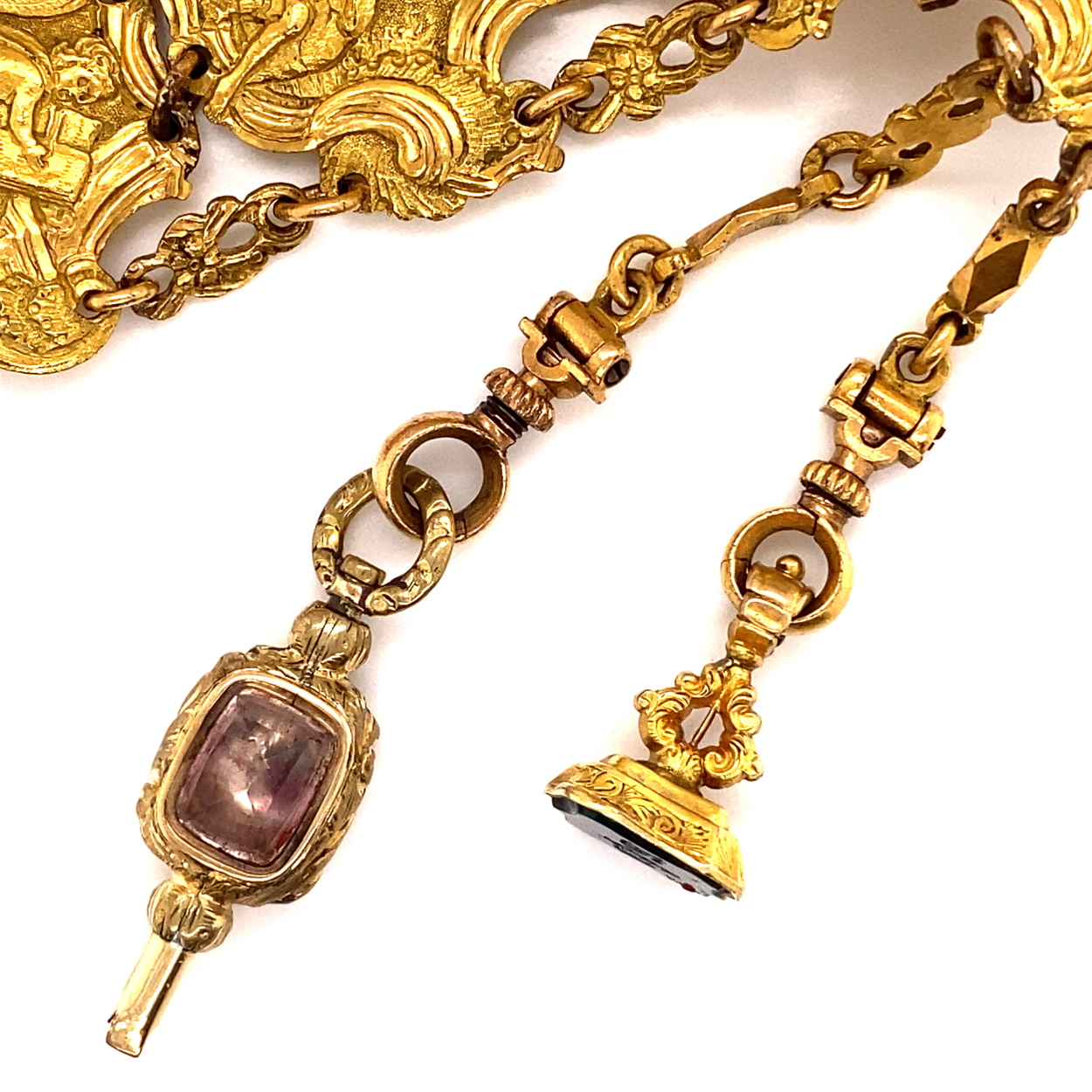 AN ANTIQUE GEORGIAN (LATE 18th / EARLY 19th C.) GILT METAL HEAVILY ENGRAVED CHATELAINE. THE BELT - Image 5 of 6