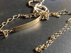 A 9ct HALLMARKED GOLD ID BRACELET, TOGETHER WITH A PAIR OF 9ct GOLD TWISTED HOOP EARRINGS AND A