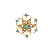 A 9ct YELLOW GOLD EDWARDIAN STYLE PEARL AND TURQUOISE OPEN WORK BROOCH. THE BROOCH WITH A 9ct