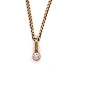 A 9ct YELLOW GOLD RUBOVER SET DIAMOND SOLITAIRE PENDANT SUSPENDED ON A 14ct GOLD CURB CHAIN. DIAMOND