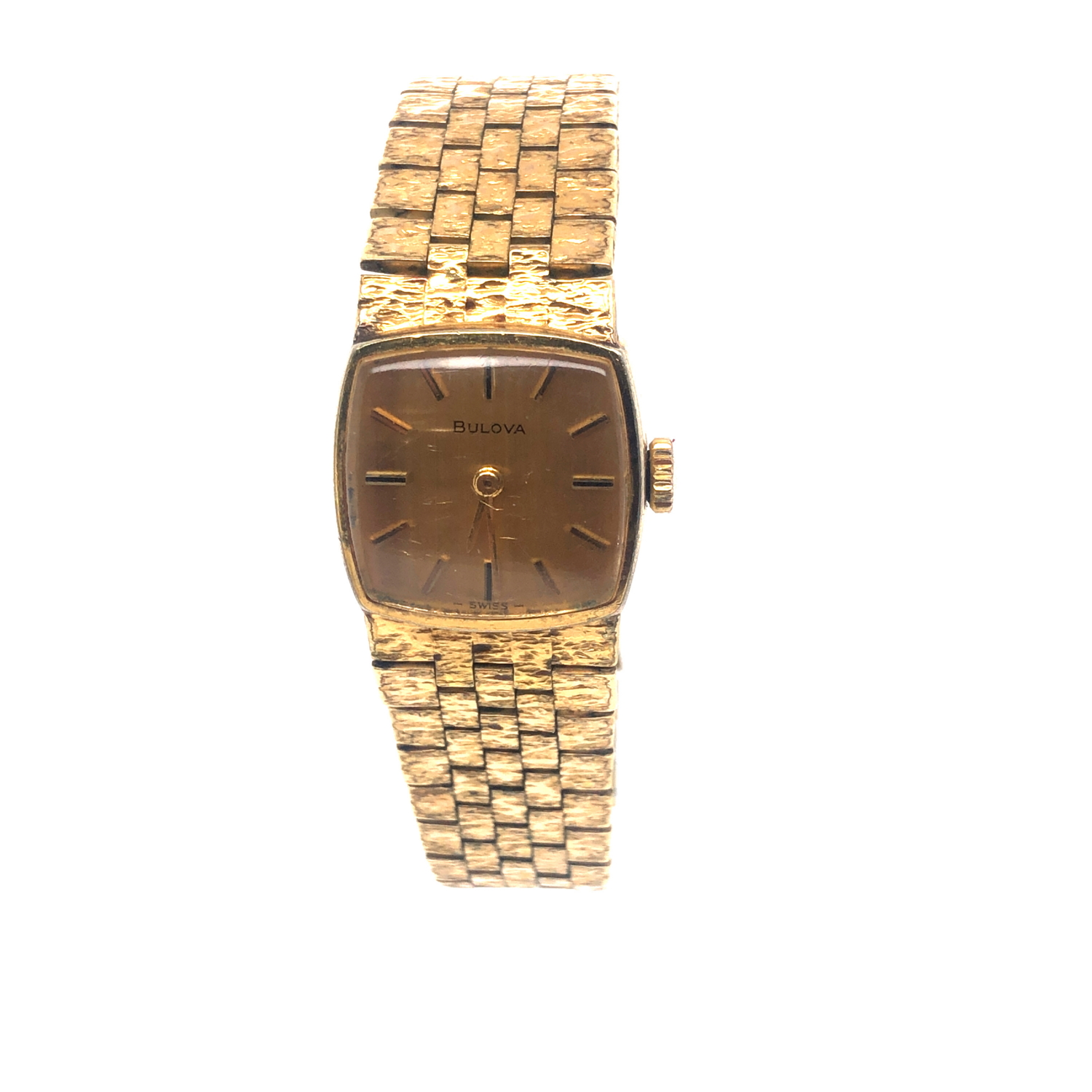 A LADIES GOLD PLATED BULOVA WATCH, ON A BRICK STYLE BRACELET WITH A LADDER CLASP. LENGTH 18cms. - Image 3 of 4