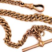 AN ANTIQUE OLD GOLD GRADUATED DOUBLE ALBERT WATCH CHAIN WITH ATTACHED T-BAR. STAMPED 9 375 TO EACH