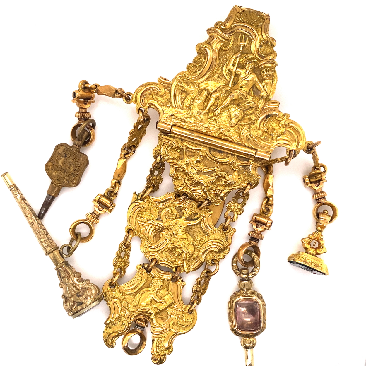 AN ANTIQUE GEORGIAN (LATE 18th / EARLY 19th C.) GILT METAL HEAVILY ENGRAVED CHATELAINE. THE BELT